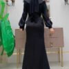 Satin Evening Dress with Feathered Tail and Belt Accessory 3869 Black - Image 2