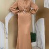 Satin Evening Dress with Feathered Tail and Belt Accessory 3869 Black - Image 7