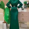 Satin Evening Dress with Feathered Tail and Belt Accessory 3869 Black - Image 8