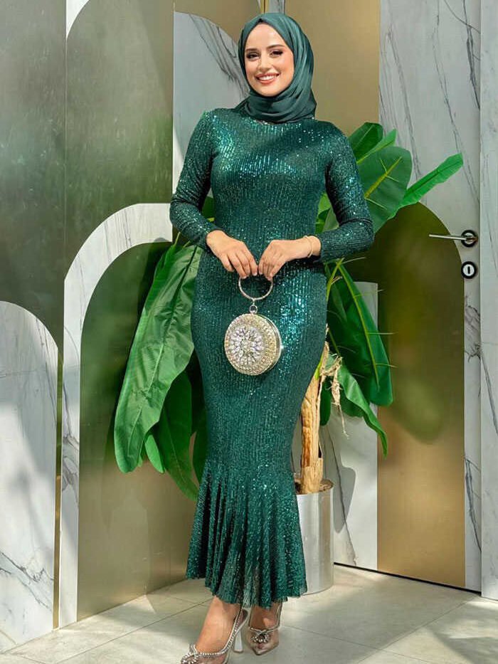 Sequin Embroidered Fishtail Evening Dress 3872 Emerald