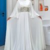 Cape Waist Stone Embroidery Detail Chiffon Evening Dress 5001 Ecru 21 5001 bel tasli abiye elbise ekru tesettur abiye bym fashion 46537 97 B