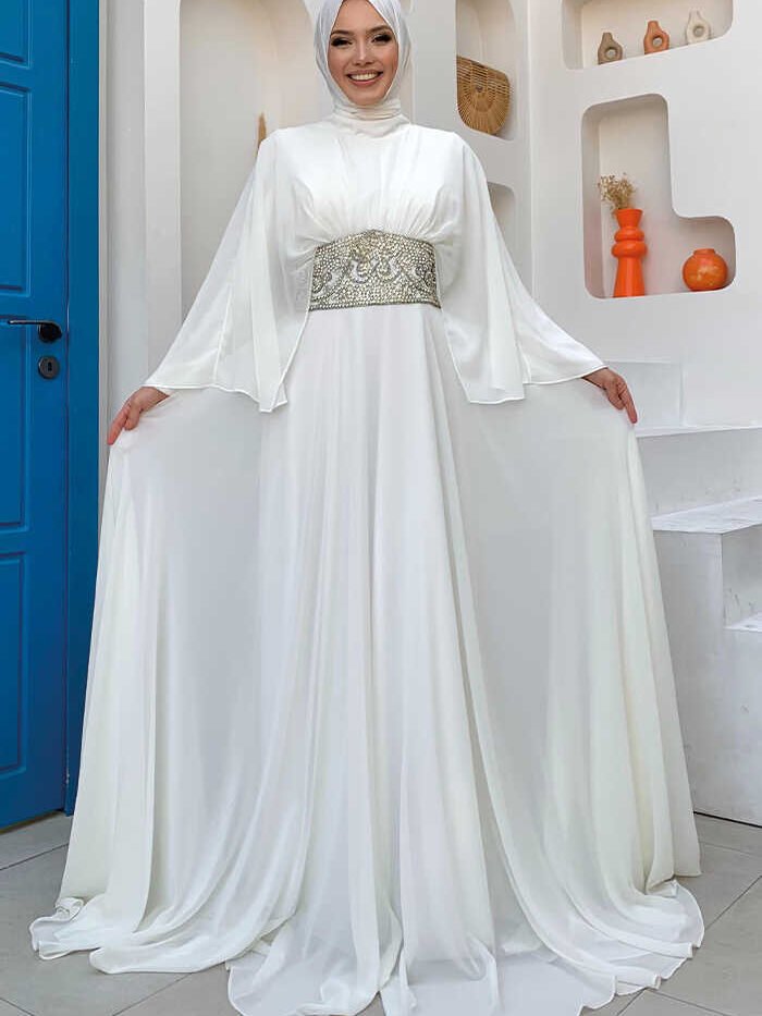 Cape Waist Stone Embroidery Detail Chiffon Evening Dress 5001 Ecru