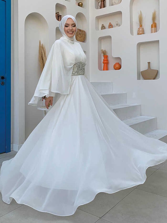 Alternative view of Cape Waist Stone Embroidery Detail Chiffon Evening Dress 5001 Ecru
