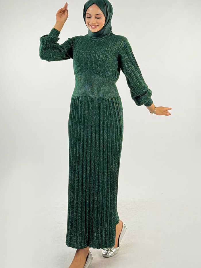 Elastic Waist Glittery Knit Dress 18322 Emerald
