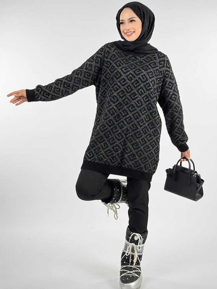 Patterned Crew Neck Tunic 18326 Black