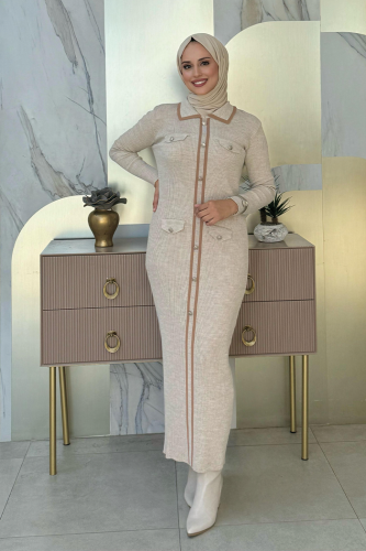 Button Detailed Pocket-Look Knitwear Tight Dress 23312 Stone