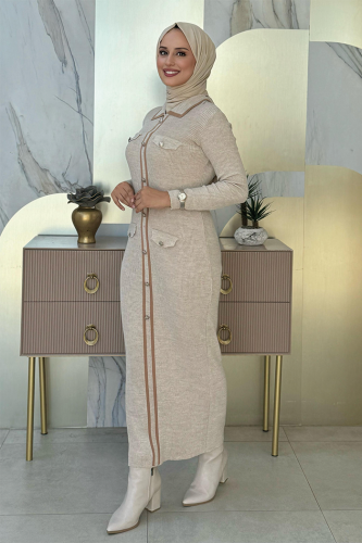Alternative view of Button Detailed Pocket-Look Knitwear Tight Dress 23312 Stone