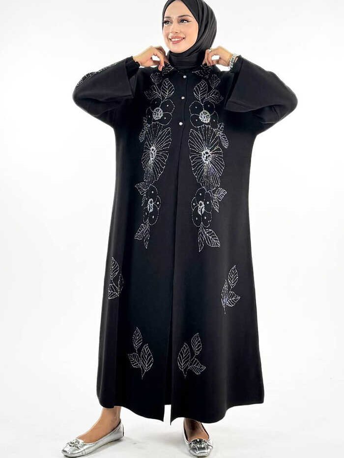 Buttoned Floral Patterned Knitwear Cardigan 18310 Black-Silver
