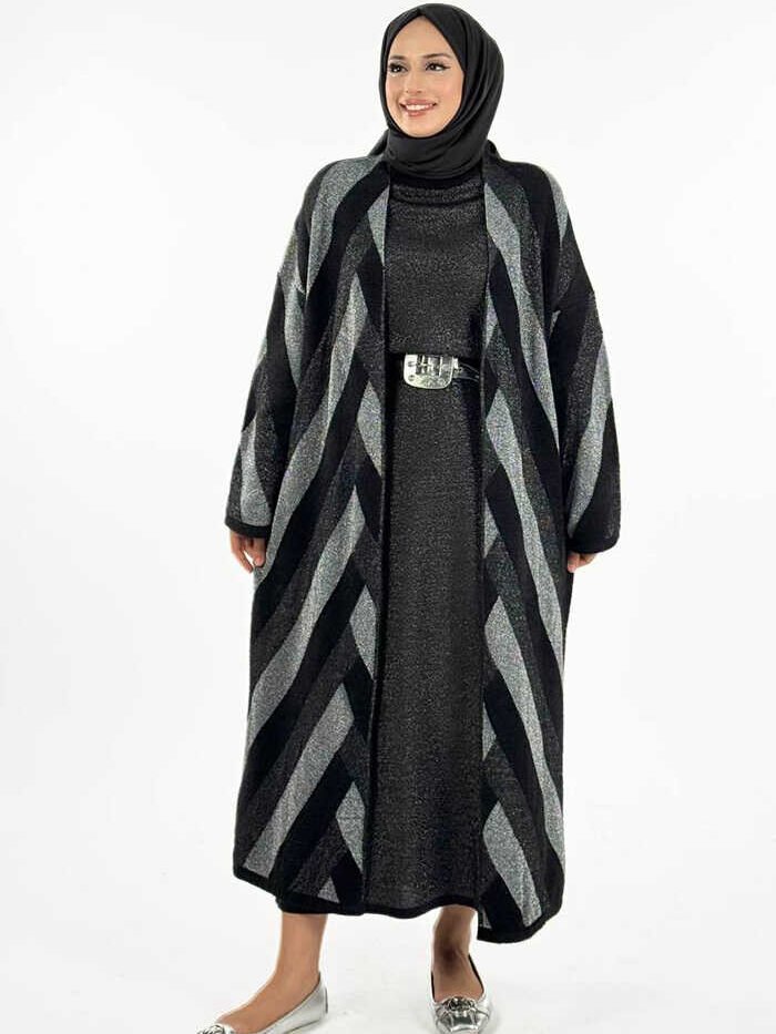 Geometric Patterned Glittery Cardigan 18328 Black-Silver