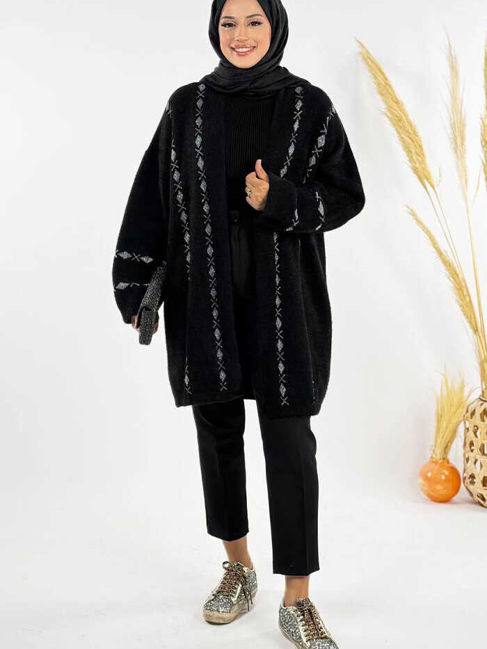Thin Diamond Patterned Short Cardigan 18327 Black-Silver