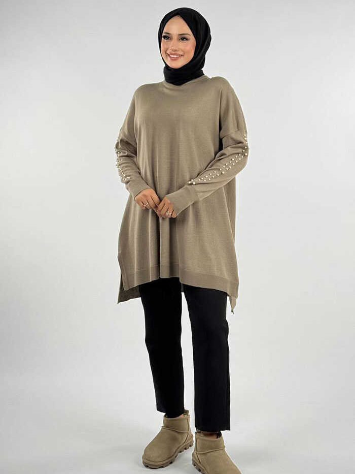 Pearl Detailed Knit Tunic 18309 Mink