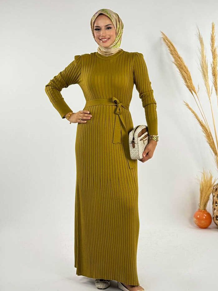 Thick Ribbed Waist Belted Dress 18319 Oil Green