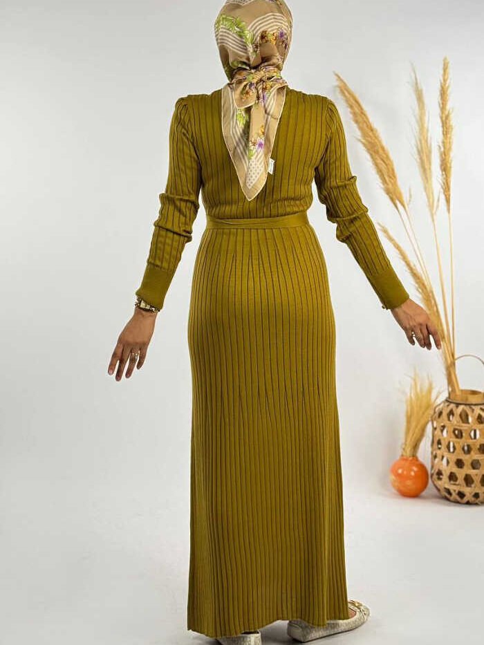 Alternative view of Thick Ribbed Waist Belted Dress 18319 Oil Green