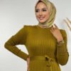 Thick Ribbed Waist Belted Dress 18319 Oil Green - Image 4