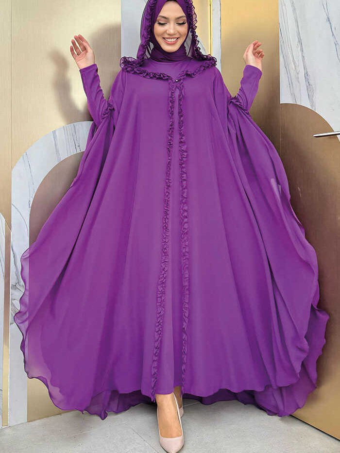 Hooded Abaya Dress Suit with Ruffle Details on Certain Parts 3778 Purple