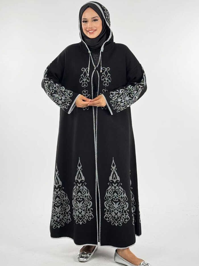 Hooded Glittery Knitted Cardigan 18307 Black-Silver