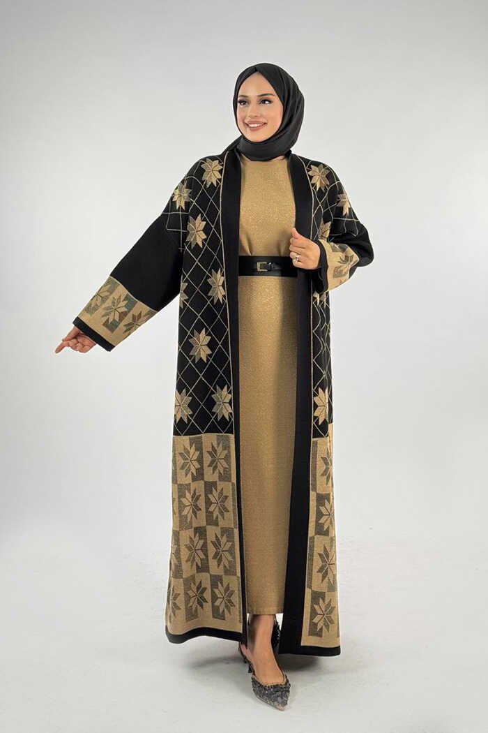 Premium Open Abaya Pattern|Snowflake Knit Cardigan|18166 - STD , Black