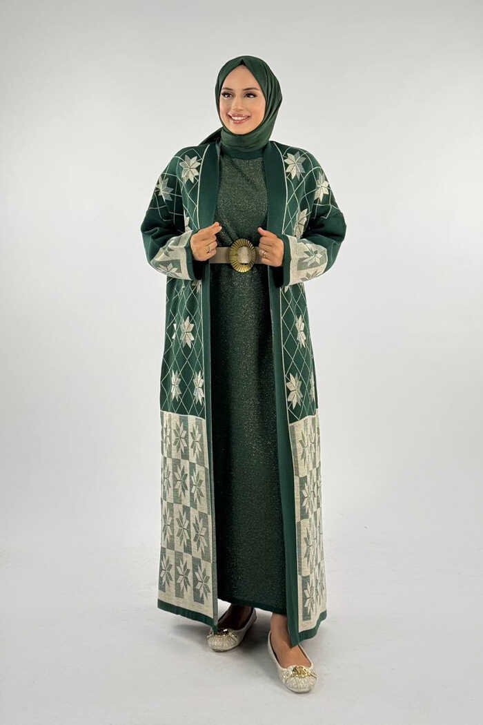 Premium Open Abaya Pattern|Snowflake Knit Cardigan|18166 - STD , Emerald