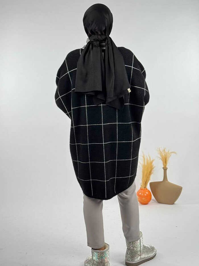Alternative view of Square Striped Buttoned Cardigan 18329 Black-Ecru