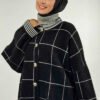 Square Striped Buttoned Cardigan 18329 Black-Ecru - Image 4