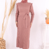 Metal Stud Detail on Sleeves, Ruffled Shoulders, Half Neck, Self-Stripe Look Knitwear Dress 22204 Tan - Image 9
