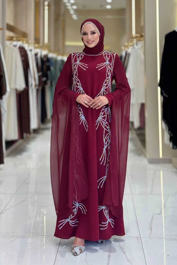 Luxurious Evening Dresses Plus Size Cape Sleeve Gown|3958 - 44 , Burgundy