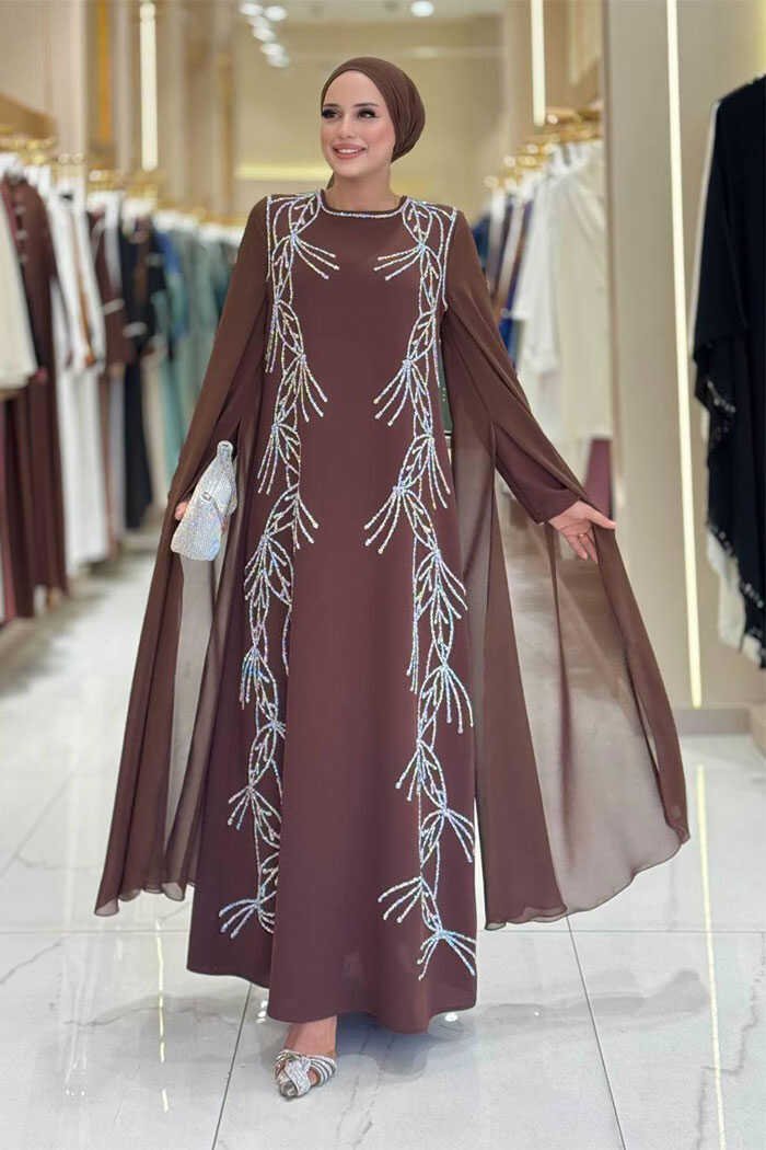 Luxurious Evening Dresses Plus Size Cape Sleeve Gown|3958 - 42 , Brown