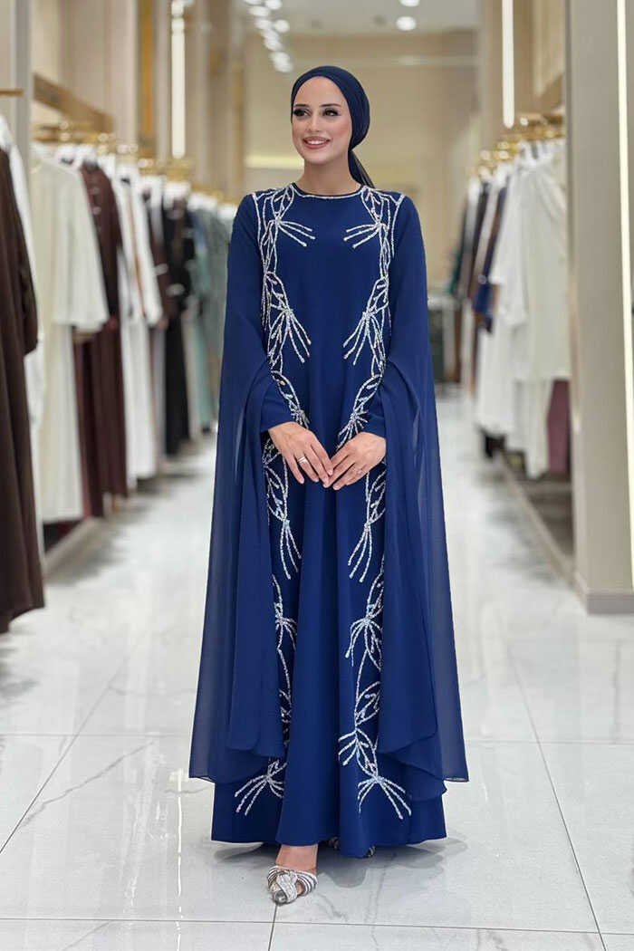 Luxurious Evening Dresses Plus Size Cape Sleeve Gown|3958 - 46 , Blue