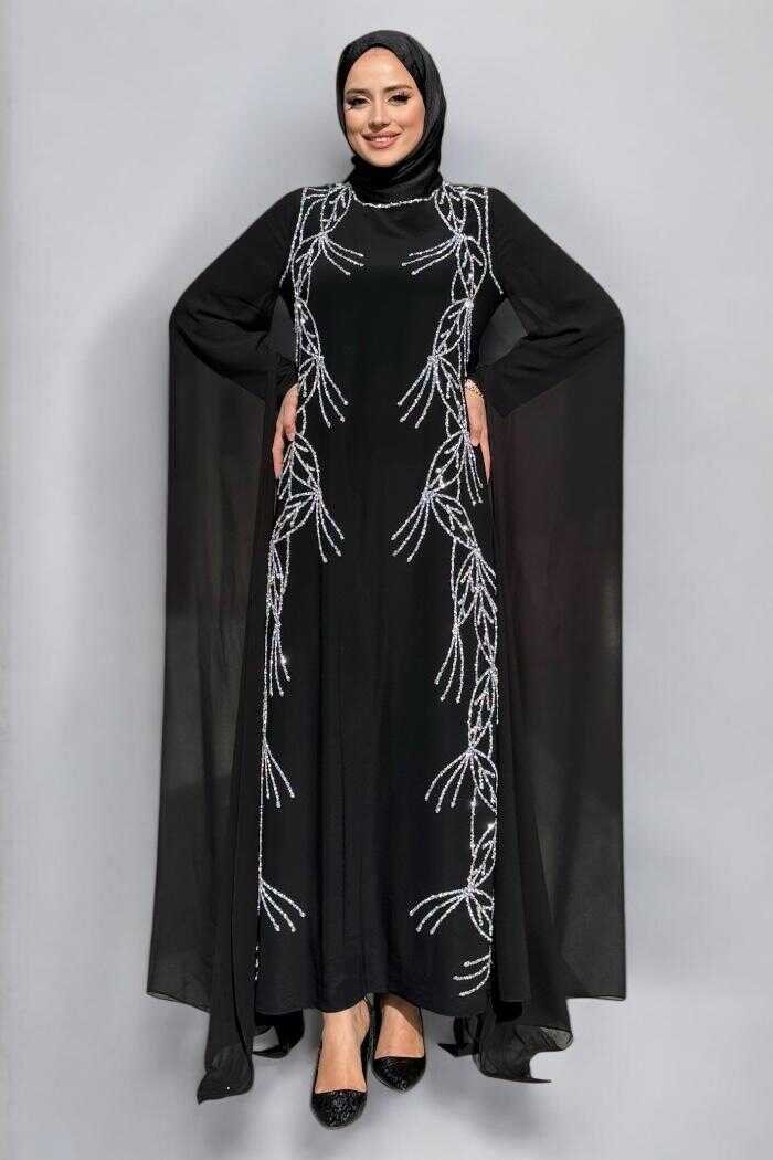 Luxurious Evening Dresses Plus Size Cape Sleeve Gown|3958 - 48 , Black
