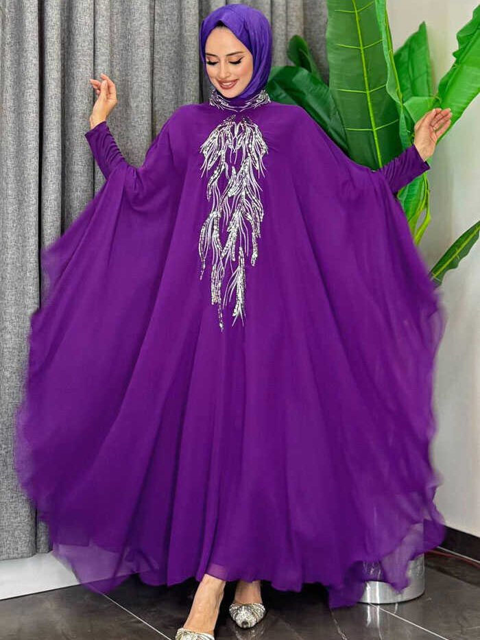 Sequin Embroidered Chiffon Cape Dress Evening Suit 3774 Purple