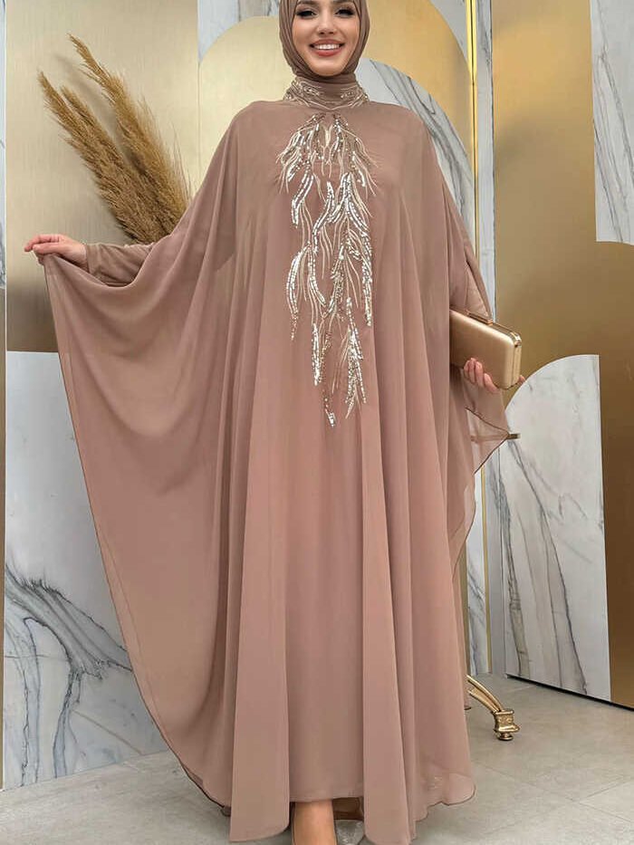 Sequin Embroidered Chiffon Cape Dress Evening Suit 3774 Mink