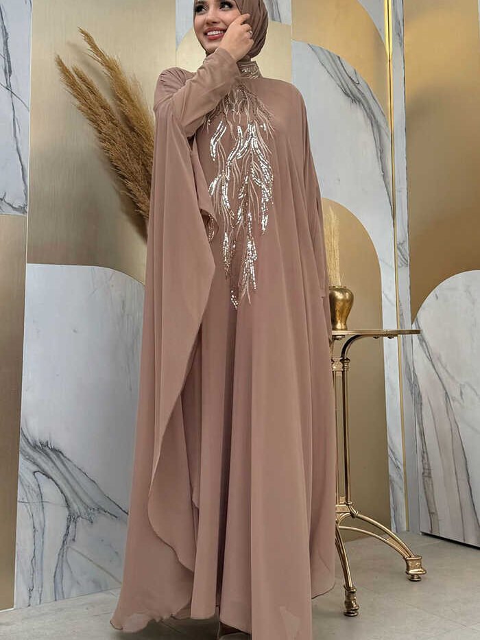 Alternative view of Sequin Embroidered Chiffon Cape Dress Evening Suit 3774 Mink