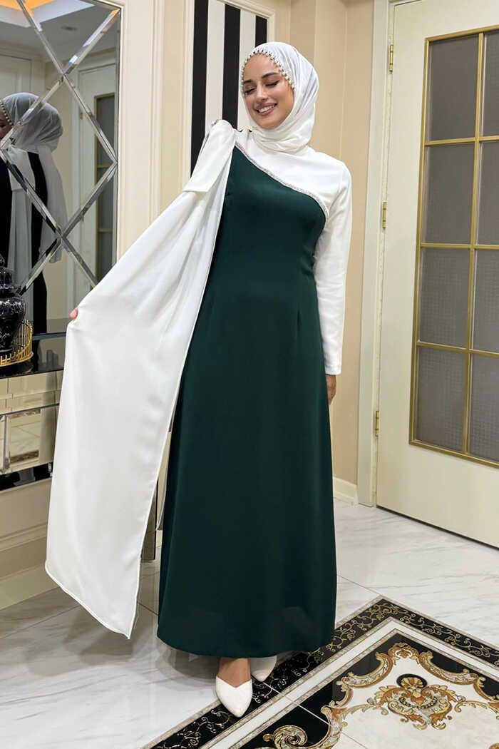 One Shoulder Bow Epaulette Two-Tone Dress 3862 Emerald 8 One Shoulder Bow Epaulette Two-Tone Dress 3862 Emerald - Image 8