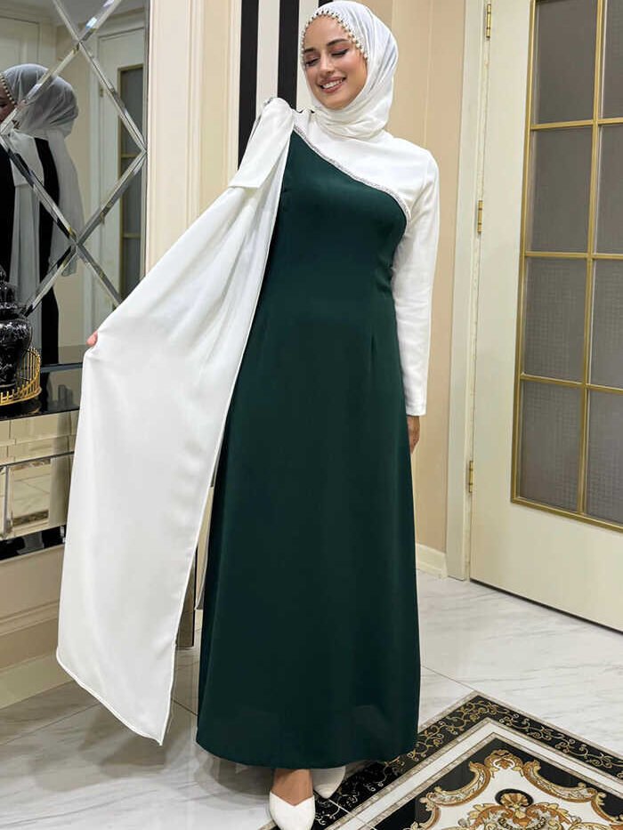 One Shoulder Bow Epauletted Two-Tone Dress 3862 Emerald-Ecru