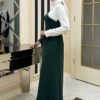 One Shoulder Bow Epauletted Two-Tone Dress 3862 Emerald-Ecru - Image 2