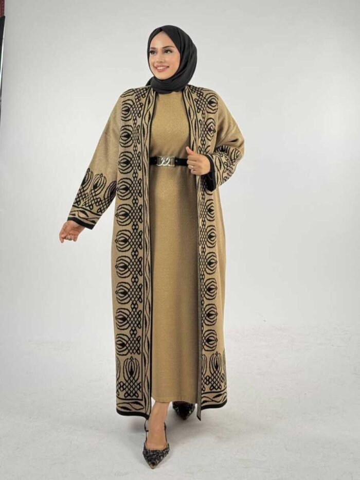 Slit Patterned Long Knit Cardigan 18317 Tan