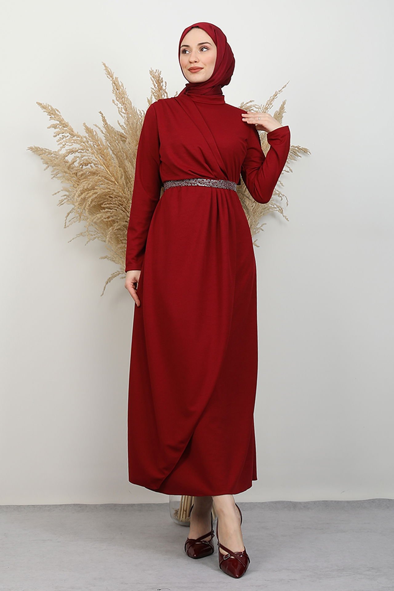 Belt Detail Dress Burgundy 3 Belt Detail Dress Burgundy - Image 3