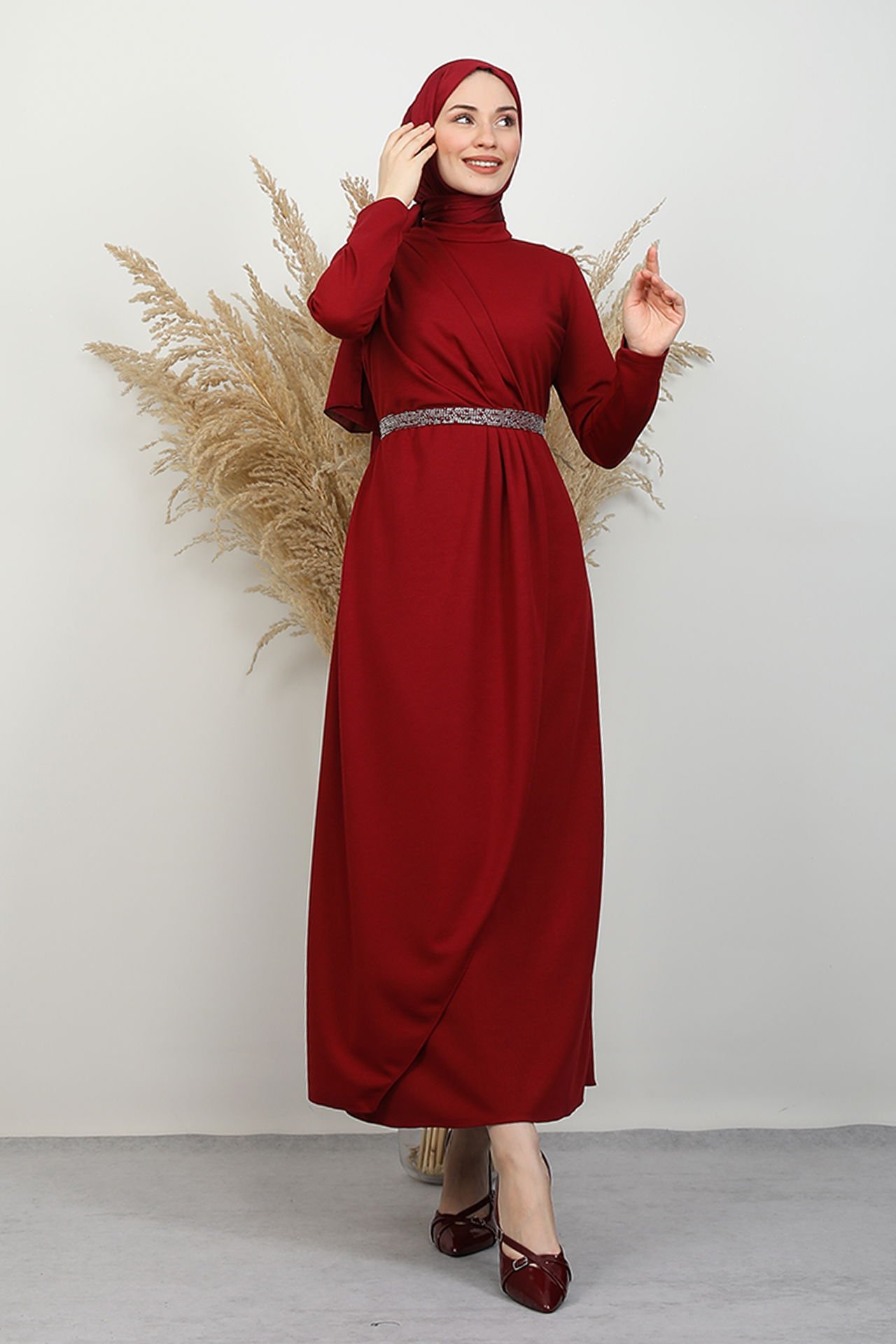 Belt Detail Dress Burgundy 4 Belt Detail Dress Burgundy - Image 4