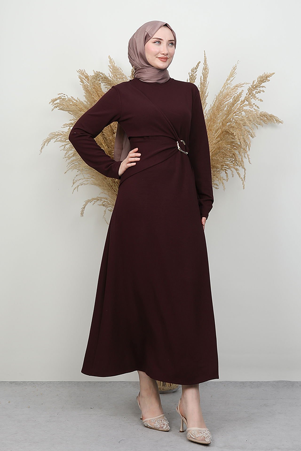 Navy Blue Jersey Dress with Buckle Front - 2 , Front
