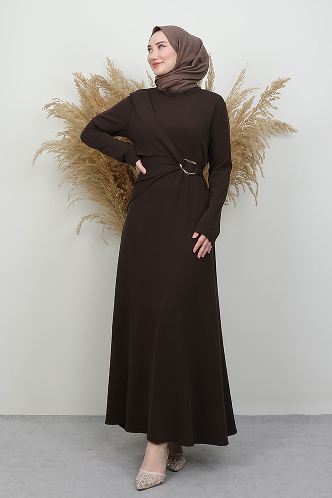 Navy Blue Jersey Dress with Buckle Front - 2 , Brown