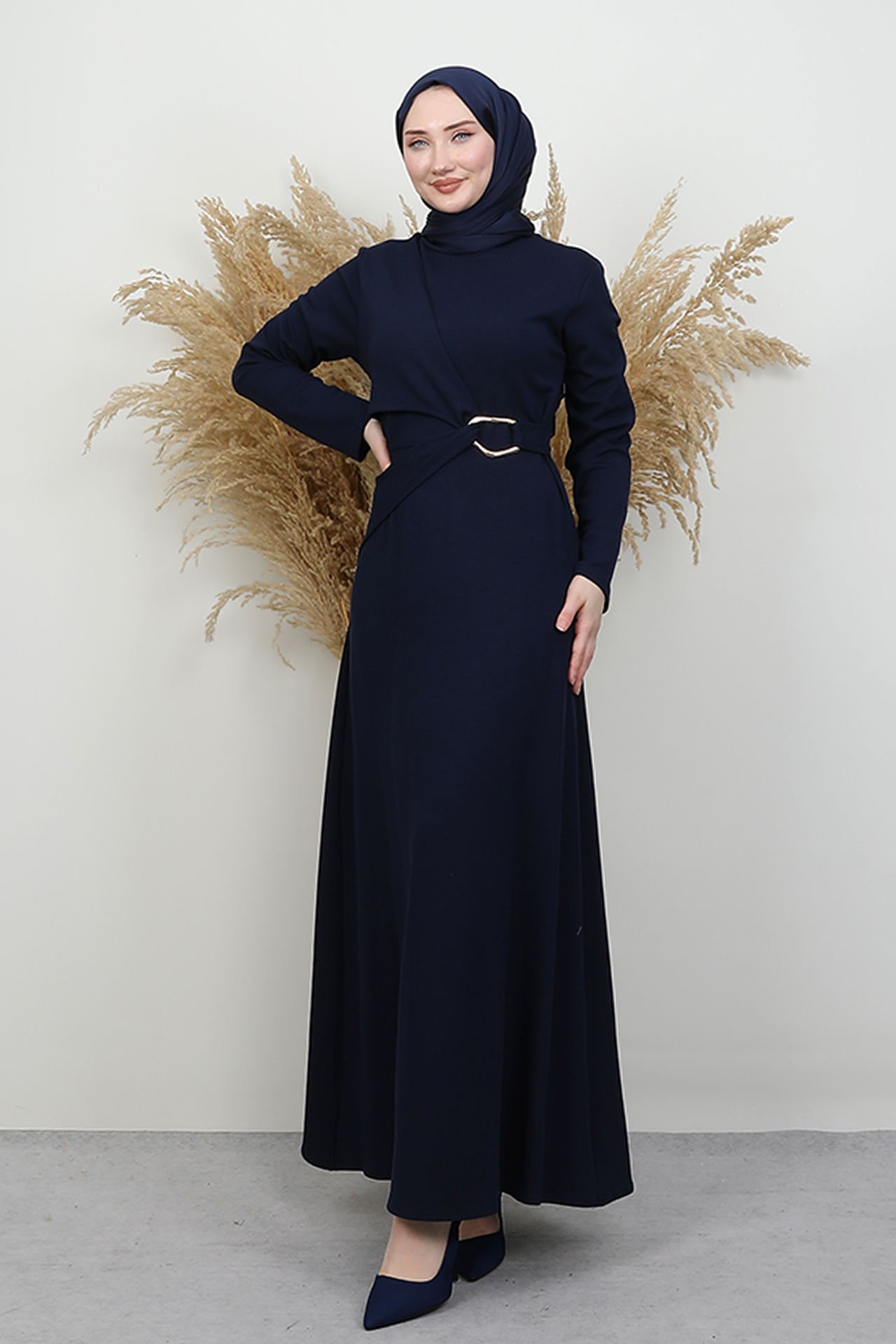 Navy Blue Jersey Dress with Buckle Front - 2 , Front