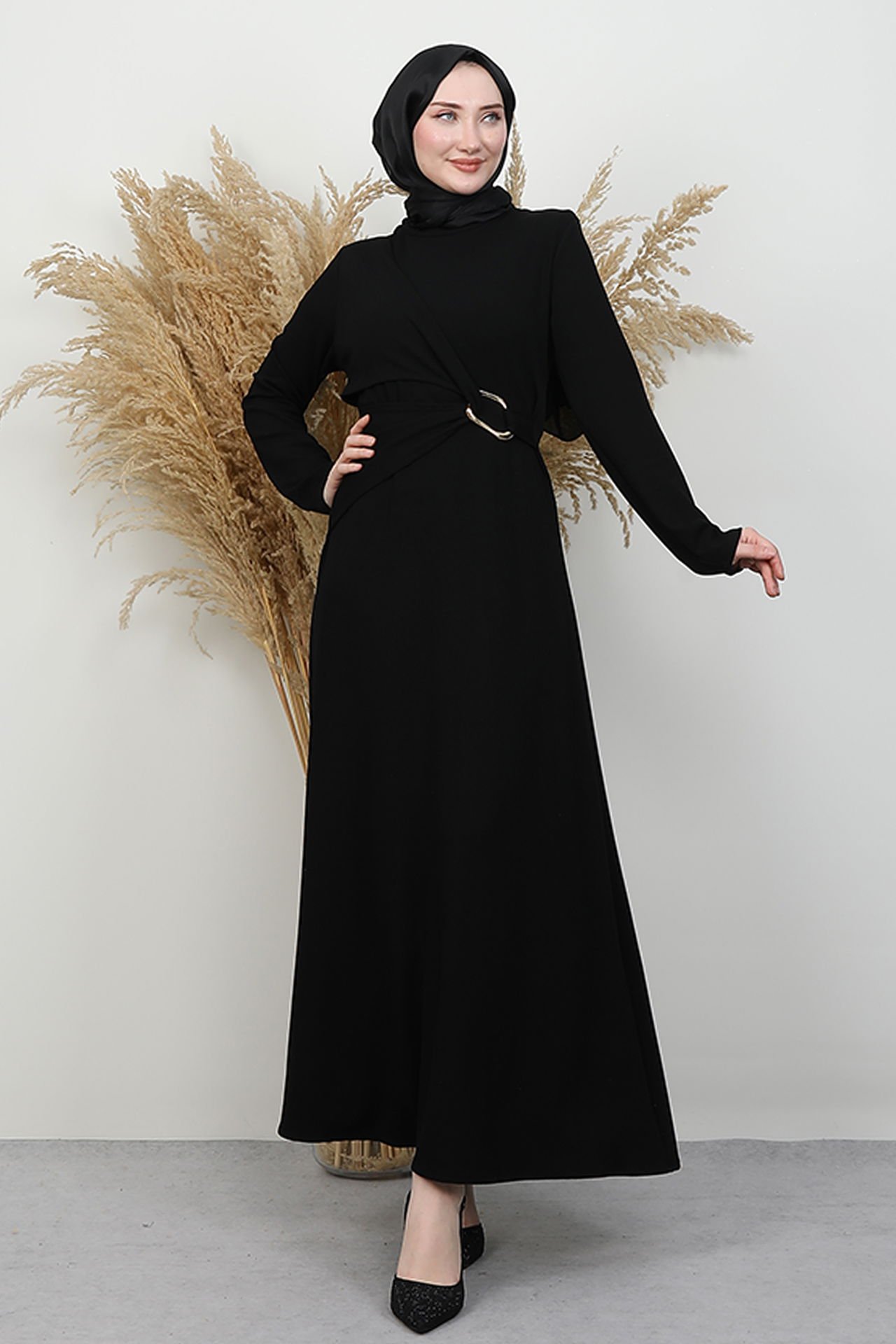 Navy Blue Jersey Dress with Buckle Front - 2 , Front