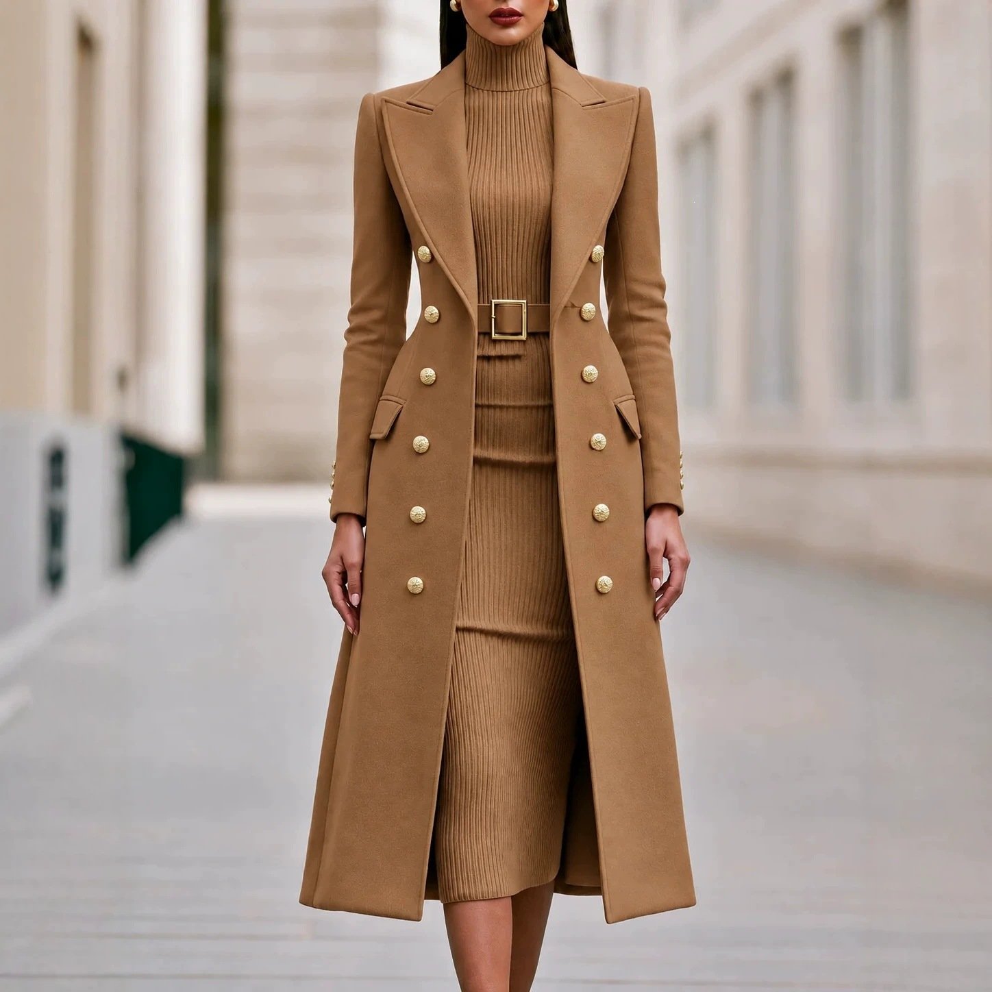 Double Breasted Woolen Large Overcoat And Belt Knitted Dress Two-piece Set 8 Double Breasted Woolen Large Overcoat And Belt Knitted Dress Two-piece Set - Image 8