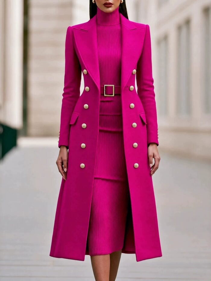 Double Breasted Woolen Large Overcoat And Belt Knitted Dress Two-piece Set