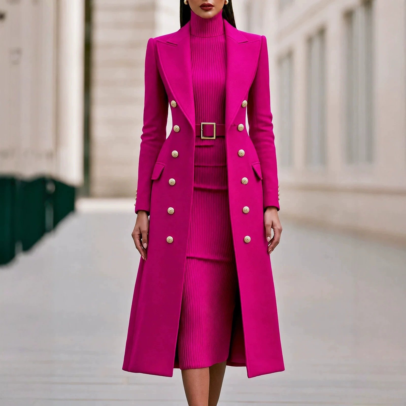 Double Breasted Woolen Large Overcoat And Belt Knitted Dress Two-piece Set 1 Double Breasted Woolen Large Overcoat And Belt Knitted Dress Two-piece Set