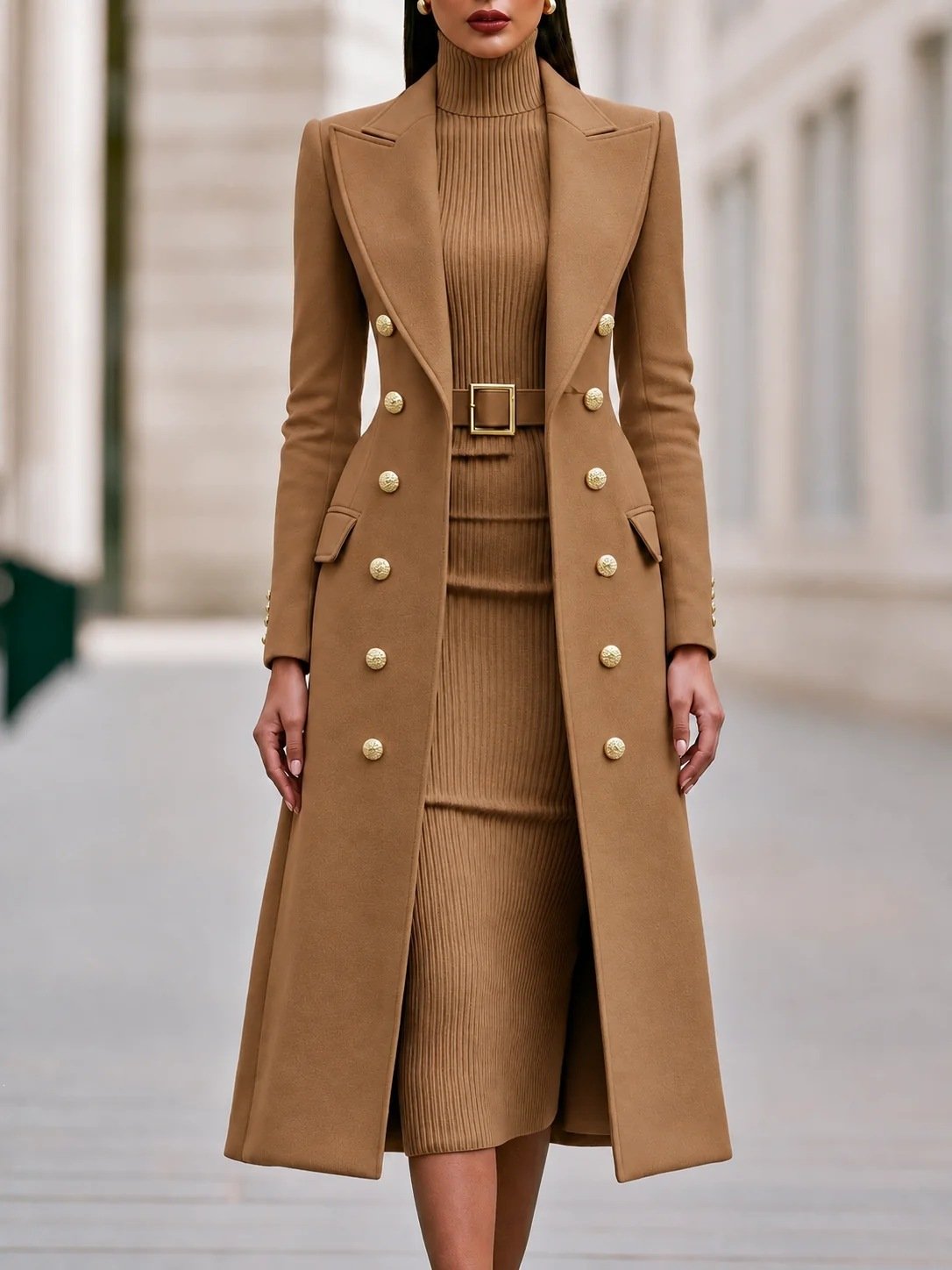 Double Breasted Woolen Large Overcoat And Belt Knitted Dress Two-piece Set 10 Double Breasted Woolen Large Overcoat And Belt Knitted Dress Two-piece Set - Image 10