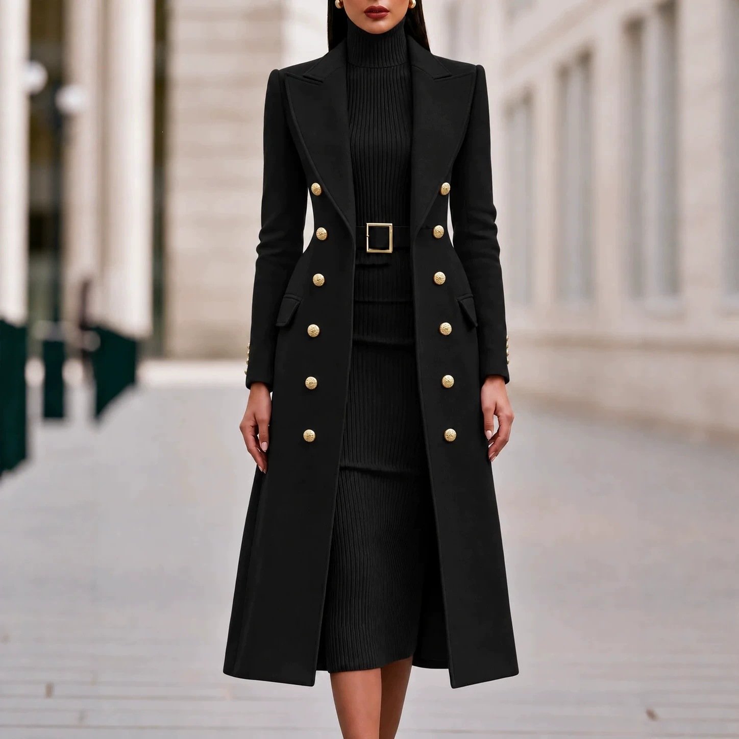 Double Breasted Woolen Large Overcoat And Belt Knitted Dress Two-piece Set 6 Double Breasted Woolen Large Overcoat And Belt Knitted Dress Two-piece Set - Image 6