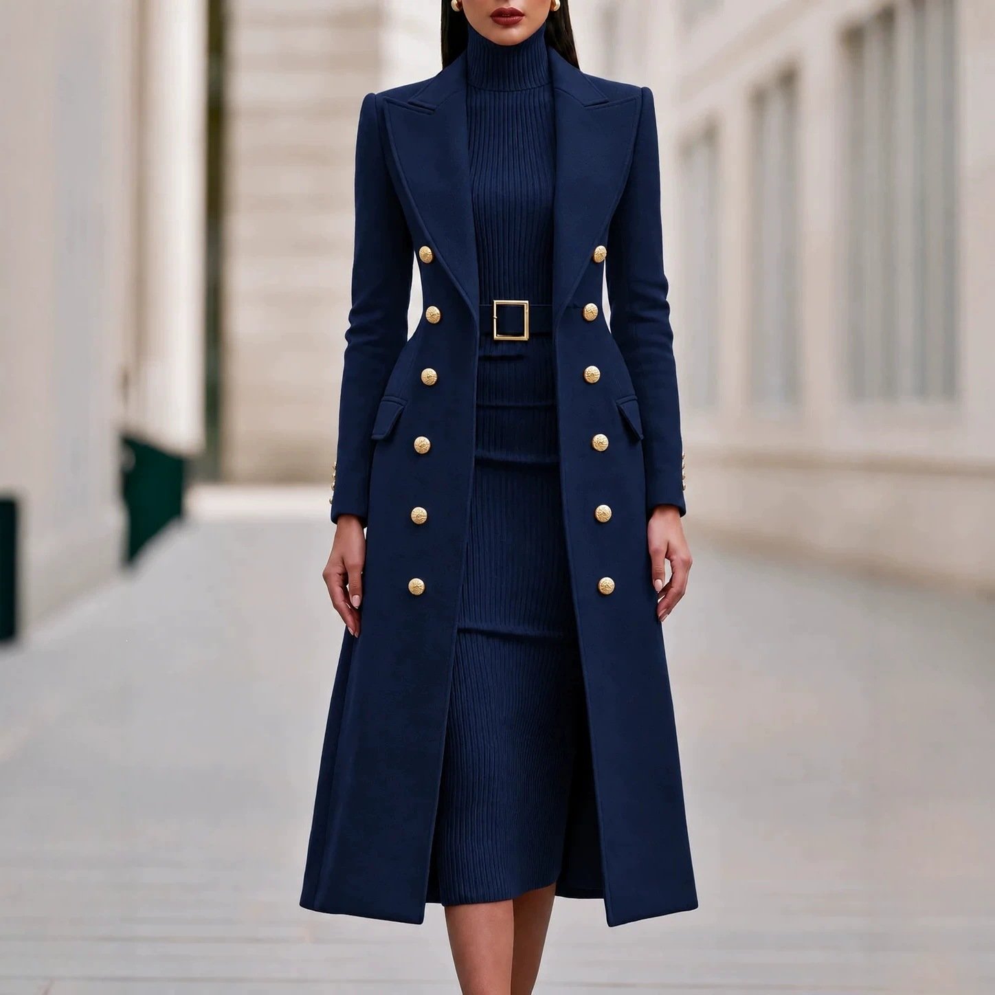 Double Breasted Woolen Large Overcoat And Belt Knitted Dress Two-piece Set 7 Double Breasted Woolen Large Overcoat And Belt Knitted Dress Two-piece Set - Image 7