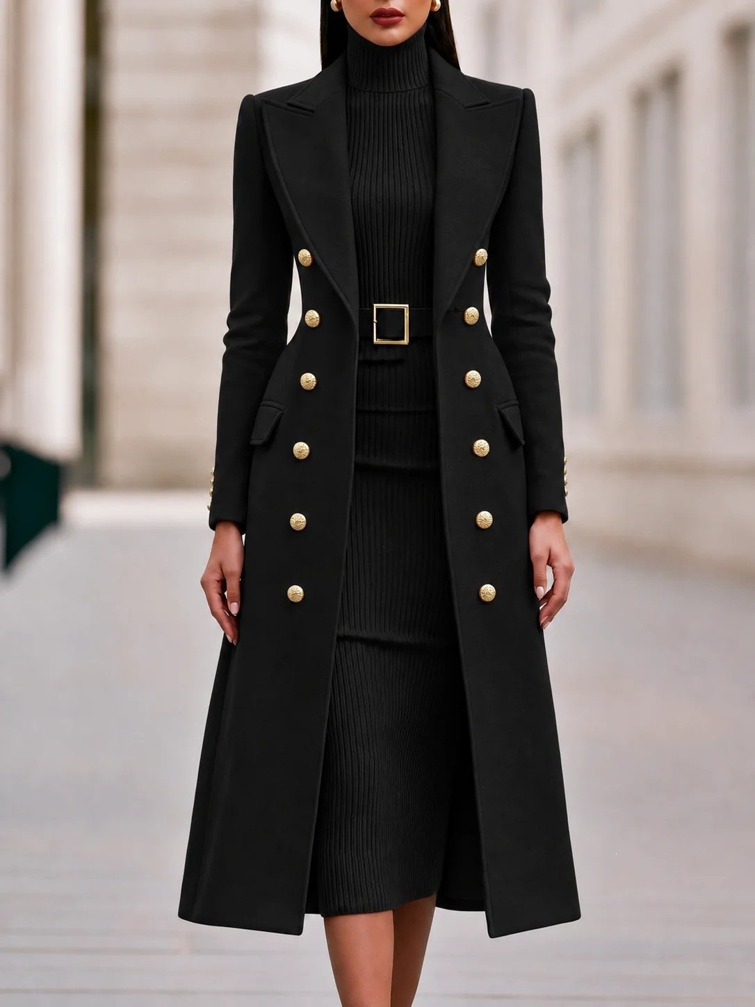 Double Breasted Woolen Large Overcoat And Belt Knitted Dress Two-piece Set 3 Double Breasted Woolen Large Overcoat And Belt Knitted Dress Two-piece Set - Image 3