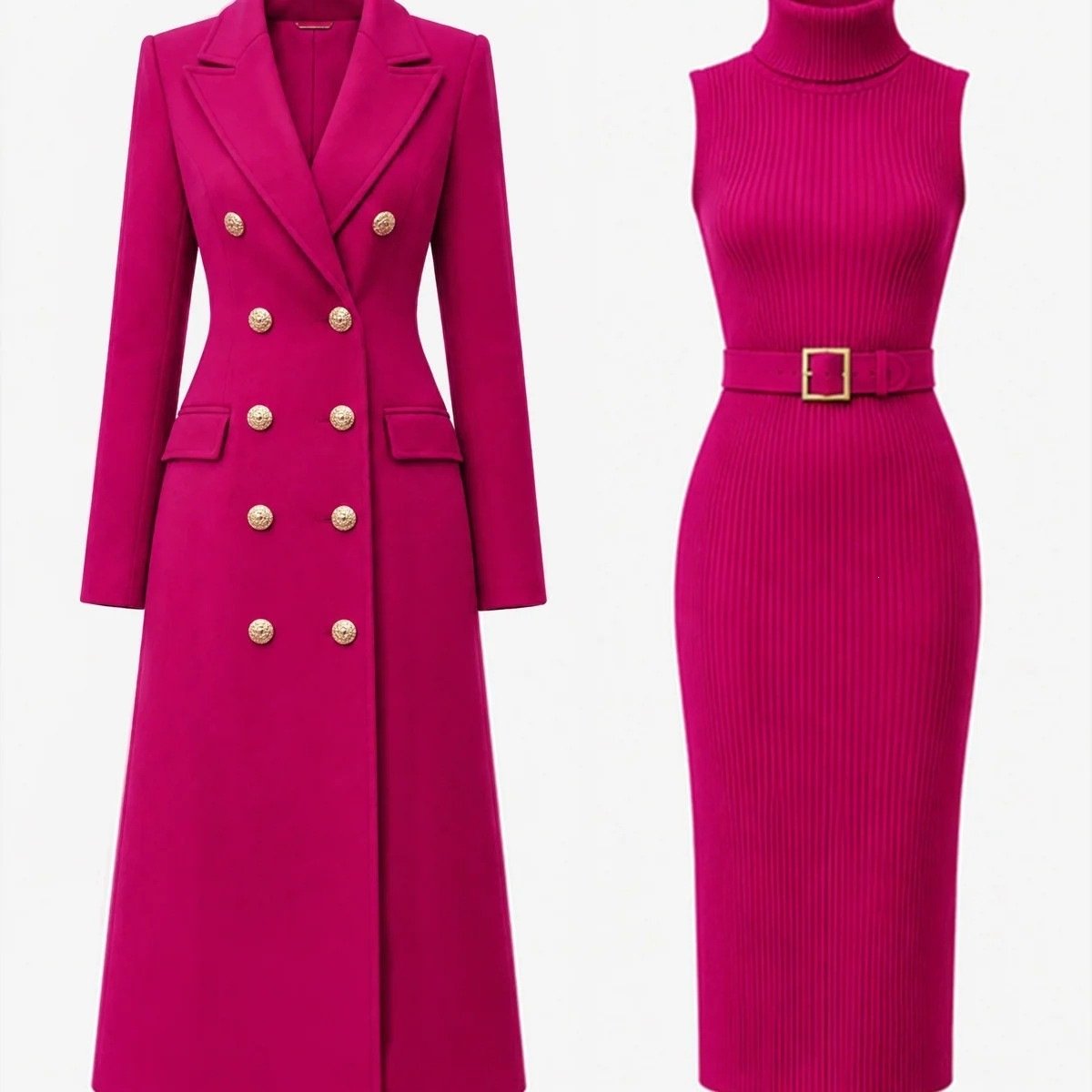 Double Breasted Woolen Large Overcoat And Belt Knitted Dress Two-piece Set 4 Double Breasted Woolen Large Overcoat And Belt Knitted Dress Two-piece Set - Image 4